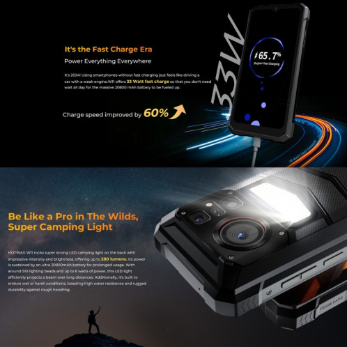  Téléphone robuste HOTWAV W11, 6 Go + 256 Go, vision nocturne, 20 800 mAh, 6,6 pouces Android 13 MT8788 Octa Core, réseau : 4G, OTG (noir cosmique) SH601B981-026